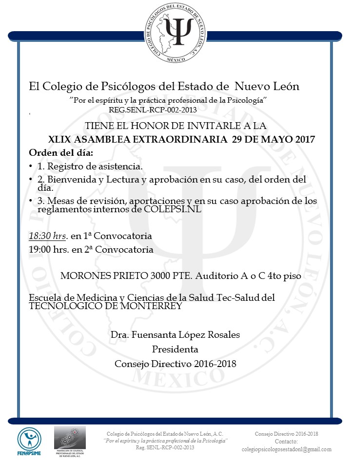 Convocatoria Asamblea Extraordinaria Colegio De Psicólogos Del Estado De Nuevo León Ac 5981